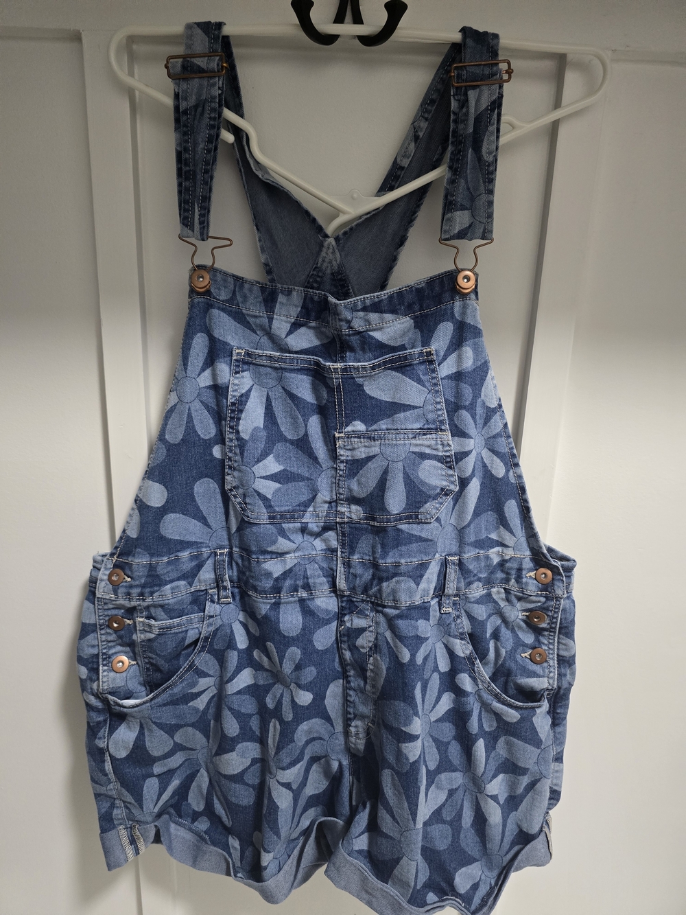 No Boundaries Floral Print Denim Short Overalls - Blue
